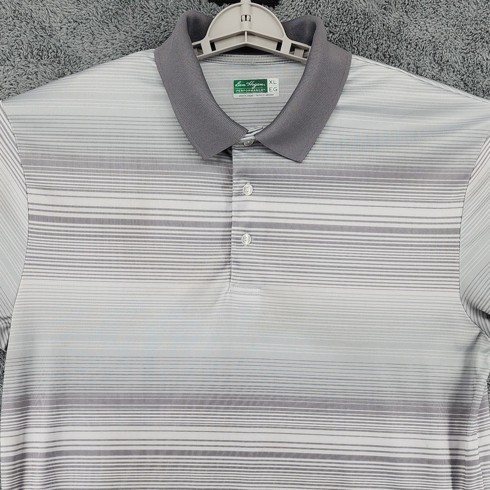 Ben Hogan Polo Shirt Mens XL Gray White Striped Performance Stretch Golf